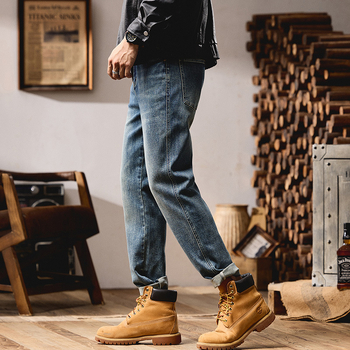 Τζιν βαριάς κατασκευής με ρετρό ύφος εργασίας, βαμβακερή ύφανση με μικροελαστικότητα, ίσια γραμμή, φερμουάρ, πλένονται