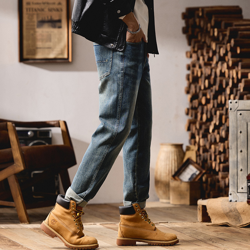 Τζιν βαριάς κατασκευής με ρετρό ύφος εργασίας, βαμβακερή ύφανση με μικροελαστικότητα, ίσια γραμμή, φερμουάρ, πλένονται