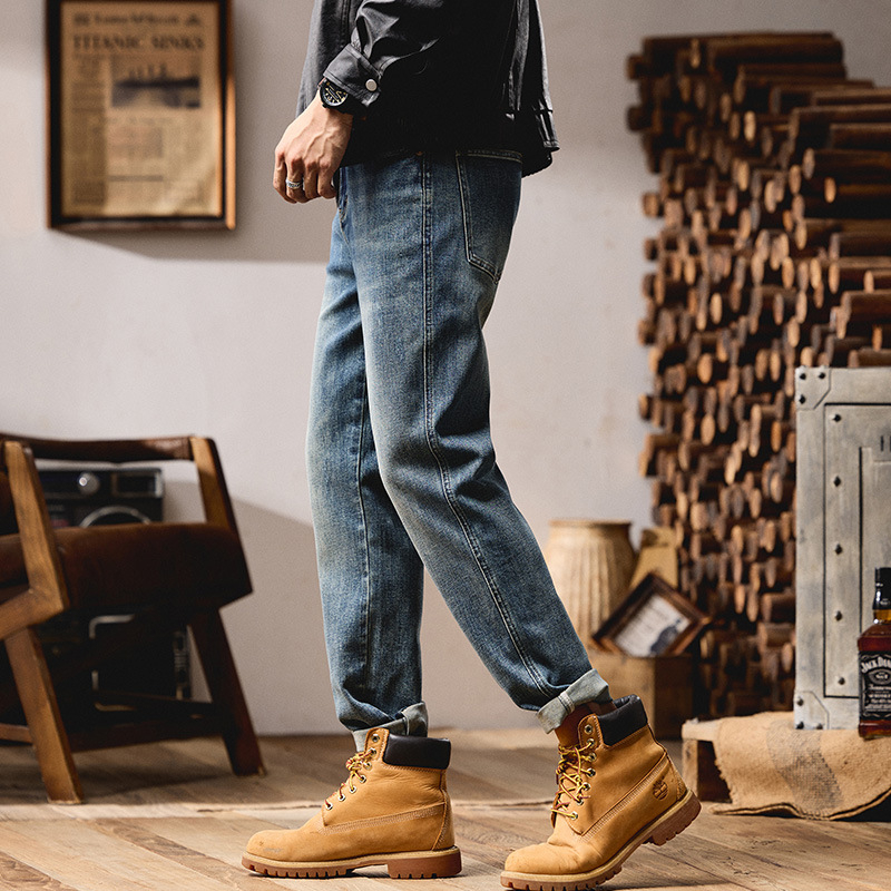 Τζιν βαριάς κατασκευής με ρετρό ύφος εργασίας, βαμβακερή ύφανση με μικροελαστικότητα, ίσια γραμμή, φερμουάρ, πλένονται