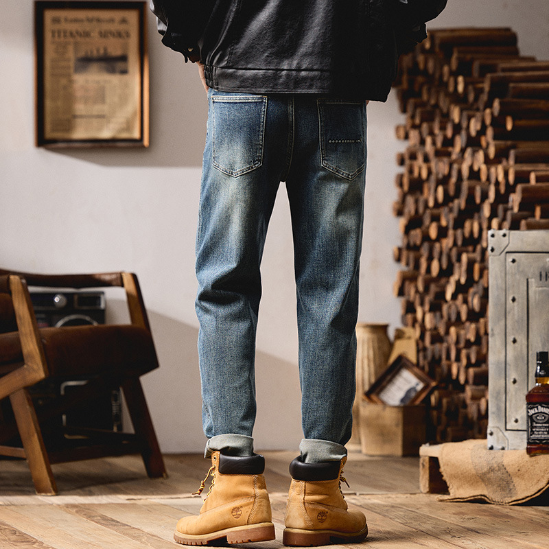 Τζιν βαριάς κατασκευής με ρετρό ύφος εργασίας, βαμβακερή ύφανση με μικροελαστικότητα, ίσια γραμμή, φερμουάρ, πλένονται