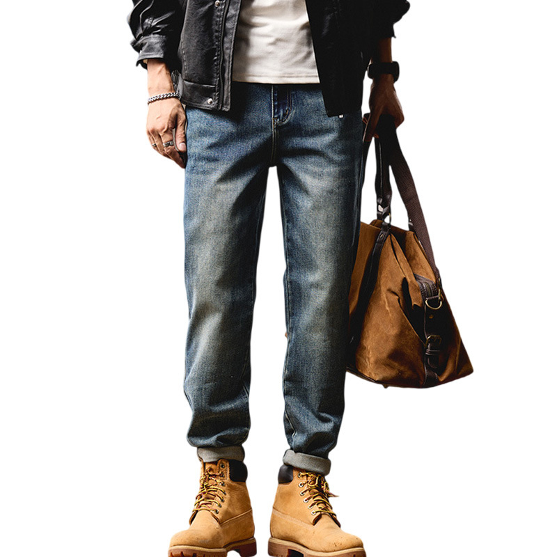 Τζιν βαριάς κατασκευής με ρετρό ύφος εργασίας, βαμβακερή ύφανση με μικροελαστικότητα, ίσια γραμμή, φερμουάρ, πλένονται