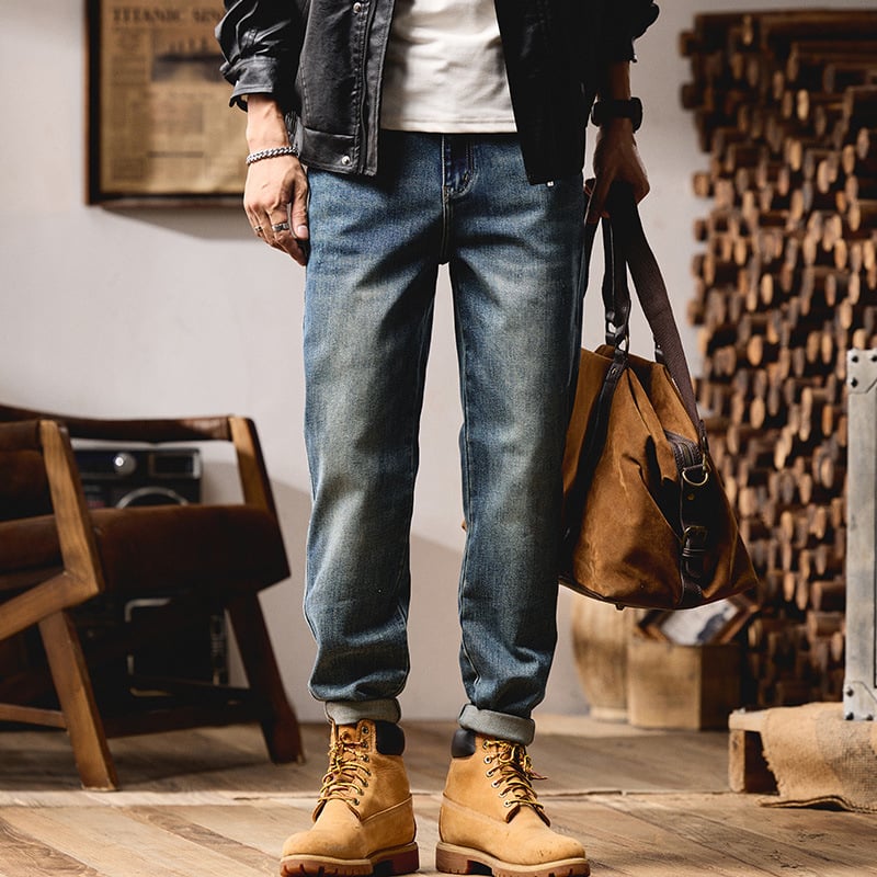 Τζιν βαριάς κατασκευής με ρετρό ύφος εργασίας, βαμβακερή ύφανση με μικροελαστικότητα, ίσια γραμμή, φερμουάρ, πλένονται