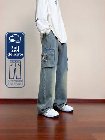 Ανδρικά παντελόνια cargo με ίσια γραμμή, πολλαπλές τσέπες, βαμβακομίγμα, μεσαία μέση, Άνοιξη–Φθινόπωρο