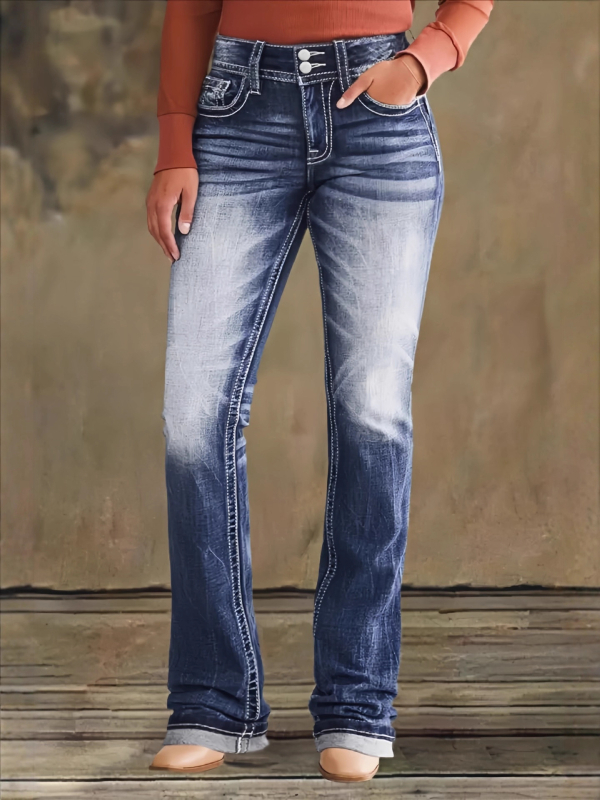 Sieviešu džinsi ar izšuvumiem, taisnas piegrieznes (Denim; Kokvilna 70-80%; Poliester <30%; 3/4 garums; Vidējā josta)