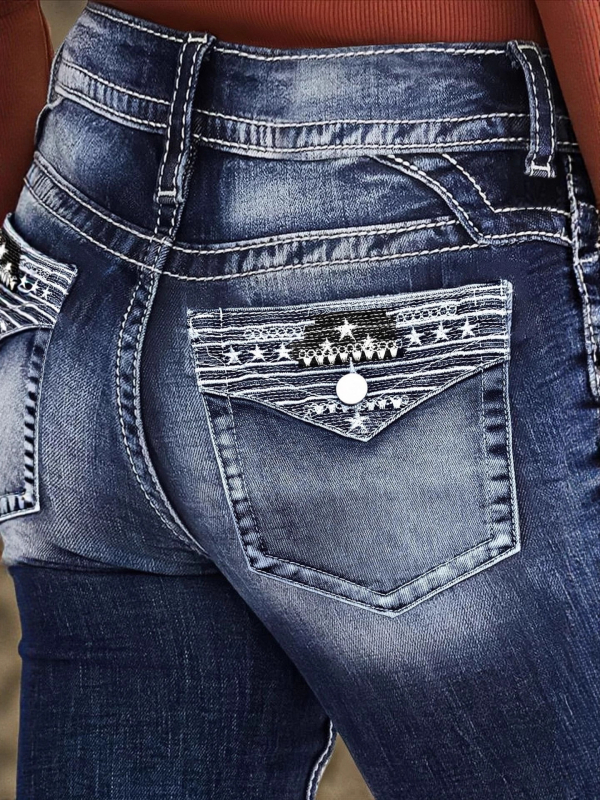 Sieviešu džinsi ar izšuvumiem, taisnas piegrieznes (Denim; Kokvilna 70-80%; Poliester <30%; 3/4 garums; Vidējā josta)