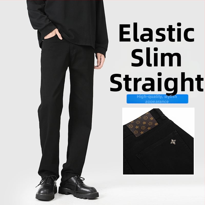 Ανδρικά τζιν από ντένιμ: μεσαία μέση, ελαστικό, ίσια γραμμή, φερμουάρ, καθημερινή χρήση