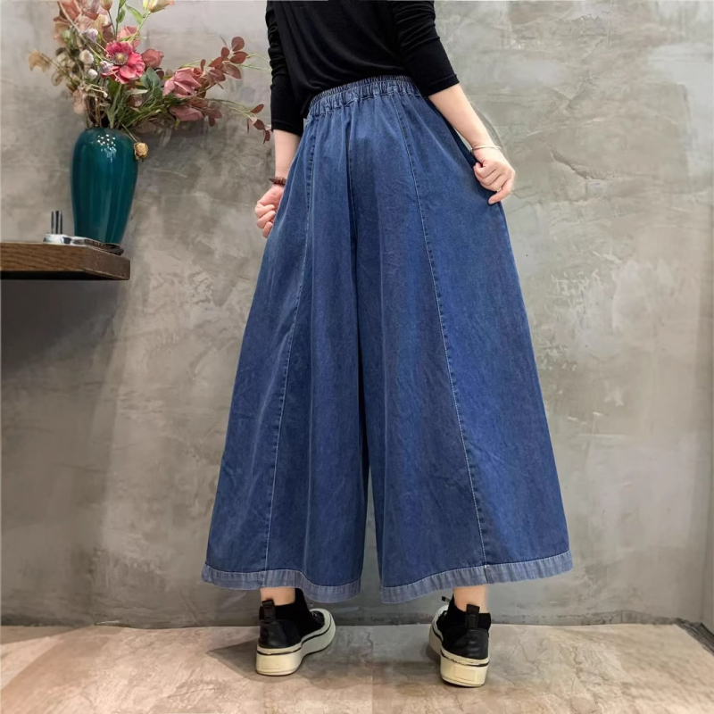 Traperice širokih nogavica s elastičnim pojasom, plus veličina, vintage detalji sa šivanjem, ležeran denim.