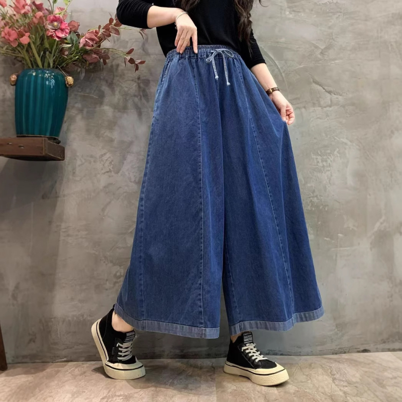 Traperice širokih nogavica s elastičnim pojasom, plus veličina, vintage detalji sa šivanjem, ležeran denim.