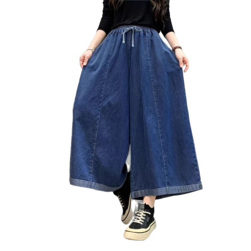 Traperice širokih nogavica s elastičnim pojasom, plus veličina, vintage detalji sa šivanjem, ležeran denim.