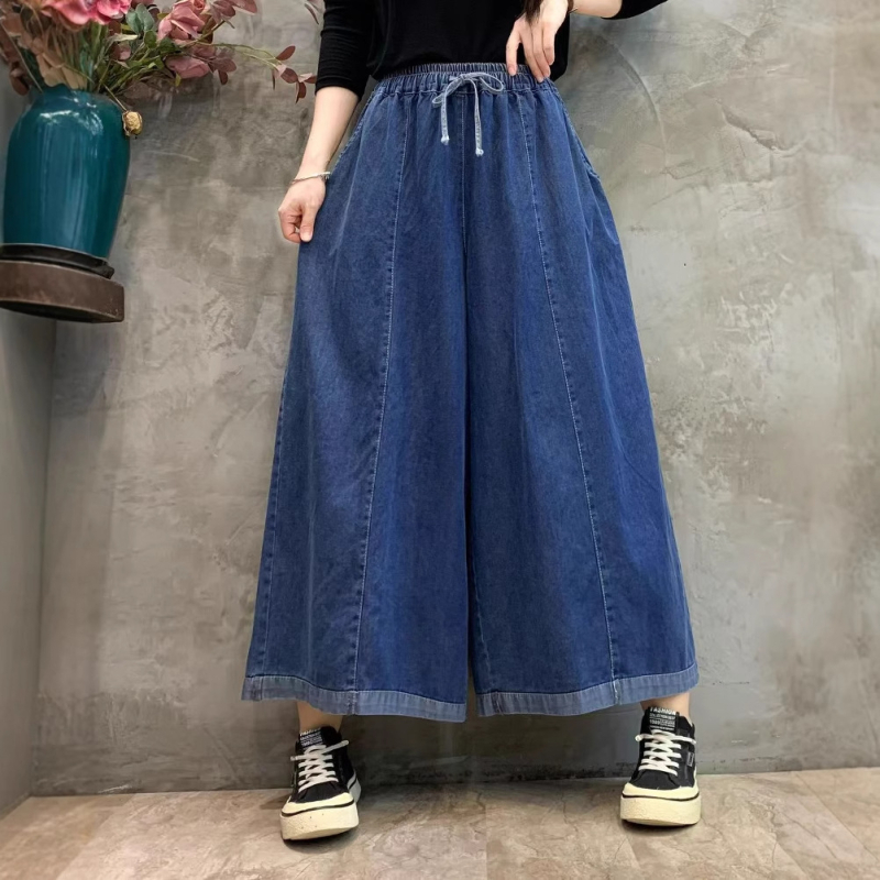 Traperice širokih nogavica s elastičnim pojasom, plus veličina, vintage detalji sa šivanjem, ležeran denim.