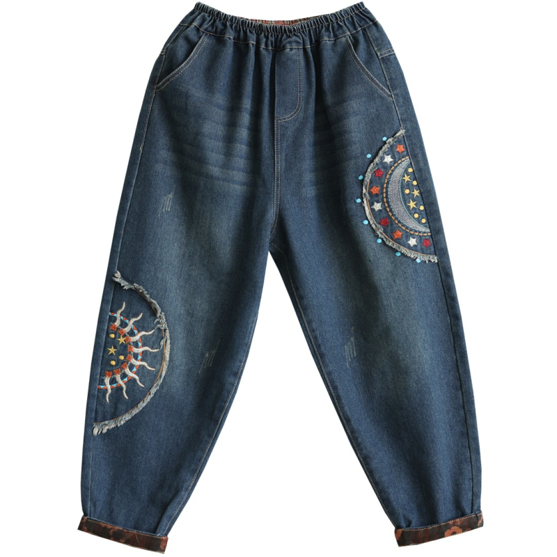 Izšūtas etniskā stila džinsi ar augstu vidukli, elastīga josta, brīvs piegriezums, rudens 2024