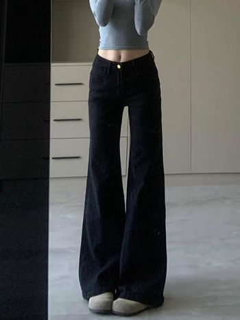 Blugi evazați din denim, talie joasă, țesătură groasă, elastici, primăvara 2025