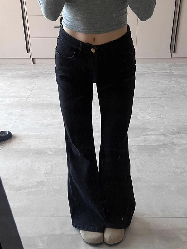 Blugi evazați din denim, talie joasă, țesătură groasă, elastici, primăvara 2025