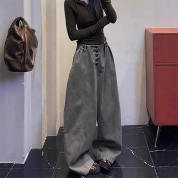 Γυναικείοι τζιν από denim σε αμερικανικό σχεδιασμό με φαρδιά γραμμή, ψηλή μέση, χαλαρή εφαρμογή, μακριά μέχρι το πάτωμα, κυκλοφορεί τον χειμώνα 2025, ύφασμα βαμβακι-πολυεστέρας (50-70% βαμβάκι, 30-50% πολυεστέρα).