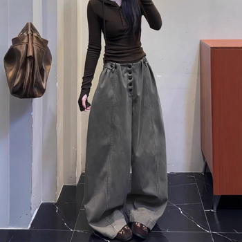 Γυναικείοι τζιν από denim σε αμερικανικό σχεδιασμό με φαρδιά γραμμή, ψηλή μέση, χαλαρή εφαρμογή, μακριά μέχρι το πάτωμα, κυκλοφορεί τον χειμώνα 2025, ύφασμα βαμβακι-πολυεστέρας (50-70% βαμβάκι, 30-50% πολυεστέρα).