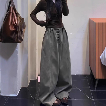 Γυναικείοι τζιν από denim σε αμερικανικό σχεδιασμό με φαρδιά γραμμή, ψηλή μέση, χαλαρή εφαρμογή, μακριά μέχρι το πάτωμα, κυκλοφορεί τον χειμώνα 2025, ύφασμα βαμβακι-πολυεστέρας (50-70% βαμβάκι, 30-50% πολυεστέρα).