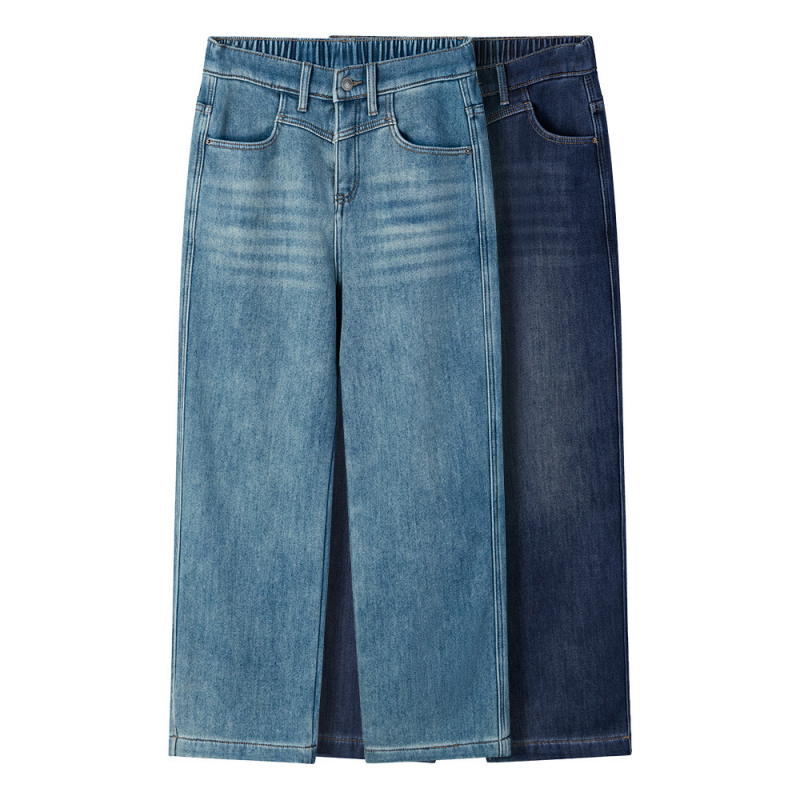 Sieviešu džinsi ar taisnu piegriezumu, iekšējā flisa siltināšana ziemai 2025, regulējams viduklis, mikroelastība, bez gludināšanas