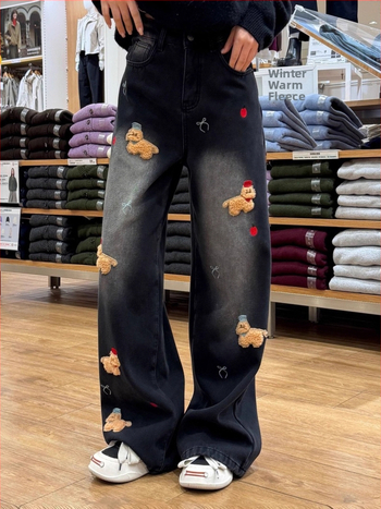 Izšūtas sieviešu džinsi ar platām kājām, augsts viduklis, 70–80% kokvilna, Ziemas 2025