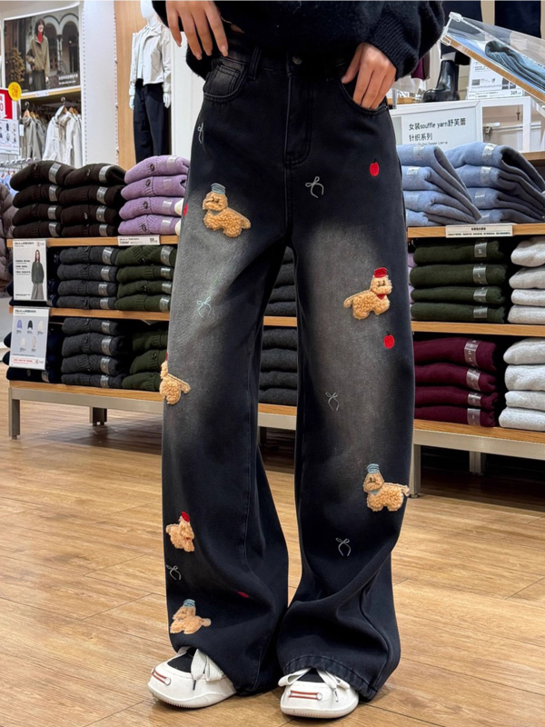 Izšūtas sieviešu džinsi ar platām kājām, augsts viduklis, 70–80% kokvilna, Ziemas 2025