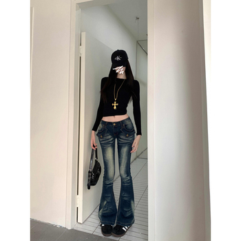 Jeansi evazați pentru femei, cu broderie retro tip totem și talie joasă, croială drapată