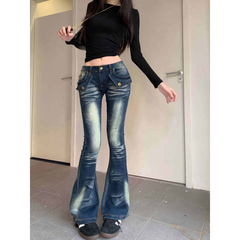 Jeansi evazați pentru femei, cu broderie retro tip totem și talie joasă, croială drapată