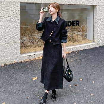 Set din velur din două piese cu imprimeu color-block, primăvara 2025, fustă midi, mâneci lungi, poliester 95%+