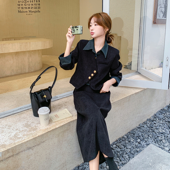 Set din velur din două piese cu imprimeu color-block, primăvara 2025, fustă midi, mâneci lungi, poliester 95%+