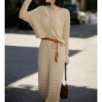V-izrez pleteni kardigan + midi suknja s elastičnim pojasom – ženski casual komplet, poliester, dugi rukavi, jednobojan