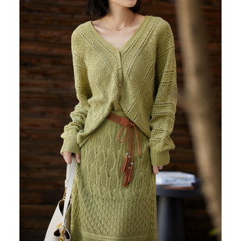 V-izrez pleteni kardigan + midi suknja s elastičnim pojasom – ženski casual komplet, poliester, dugi rukavi, jednobojan