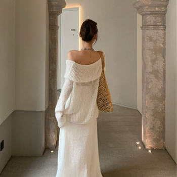 Set două piese: Rochie tricotată din lână cu bretele, în stil franțuzesc retro pentru începutul toamnei, cu top cu șal, fustă lungă