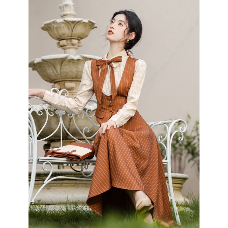 Rochie inspirată din cheongsam și set de fustă, stil urban retro britanic, fustă lungă, mâneci Feifei, cod produs Ht 25 w m 6756