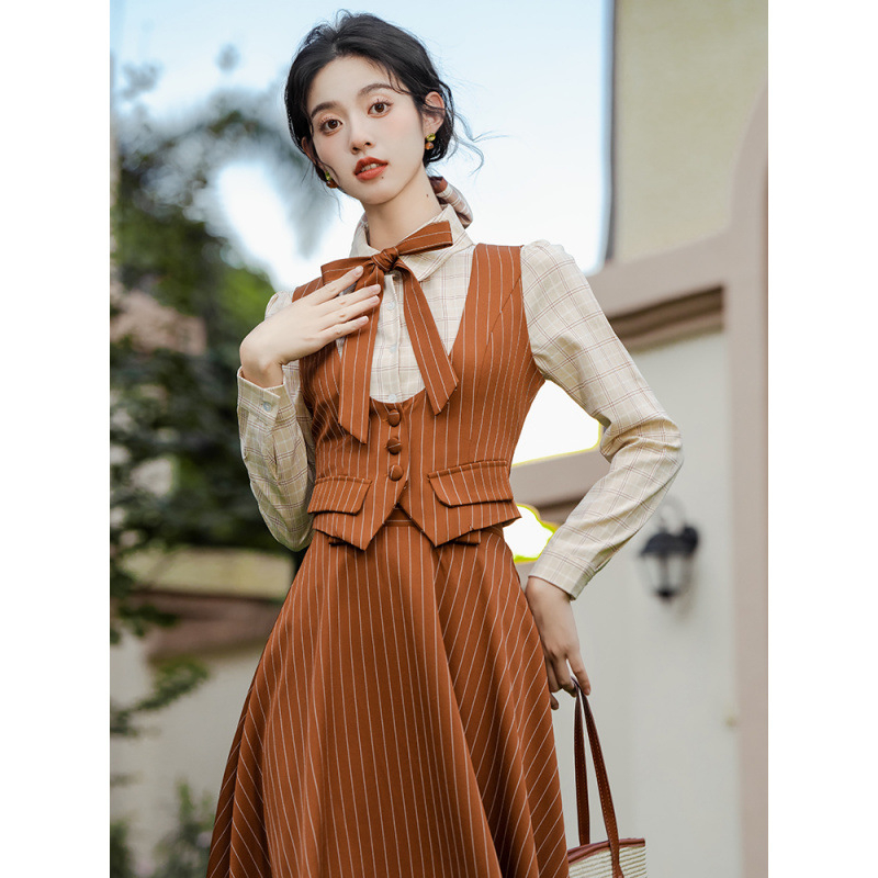 Rochie inspirată din cheongsam și set de fustă, stil urban retro britanic, fustă lungă, mâneci Feifei, cod produs Ht 25 w m 6756