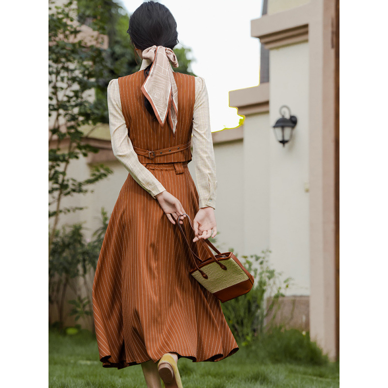 Rochie inspirată din cheongsam și set de fustă, stil urban retro britanic, fustă lungă, mâneci Feifei, cod produs Ht 25 w m 6756