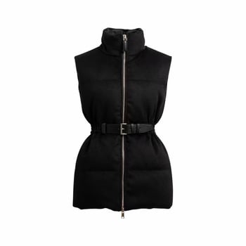 Γυναικείο γιλέκο από μαλλί με γέμισμα από λευκά πούπουλα, διακοσμητικό τρίγωνο λογότυπο, κομψή μέση, σταθερός γιακάς, μπροστινό φερμουάρ, χειμερινή συλλογή 2024