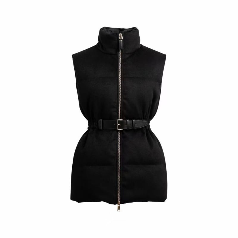 Γυναικείο γιλέκο από μαλλί με γέμισμα από λευκά πούπουλα, διακοσμητικό τρίγωνο λογότυπο, κομψή μέση, σταθερός γιακάς, μπροστινό φερμουάρ, χειμερινή συλλογή 2024