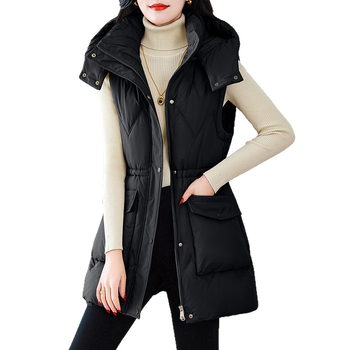 Γυναικείο γιλέκο με κουκούλα, γέμισμα από πούπουλα-βαμβάκι, με φερμουάρ, μεσαίου μήκους, ύφασμα πολυεστέρα με ελαστάν