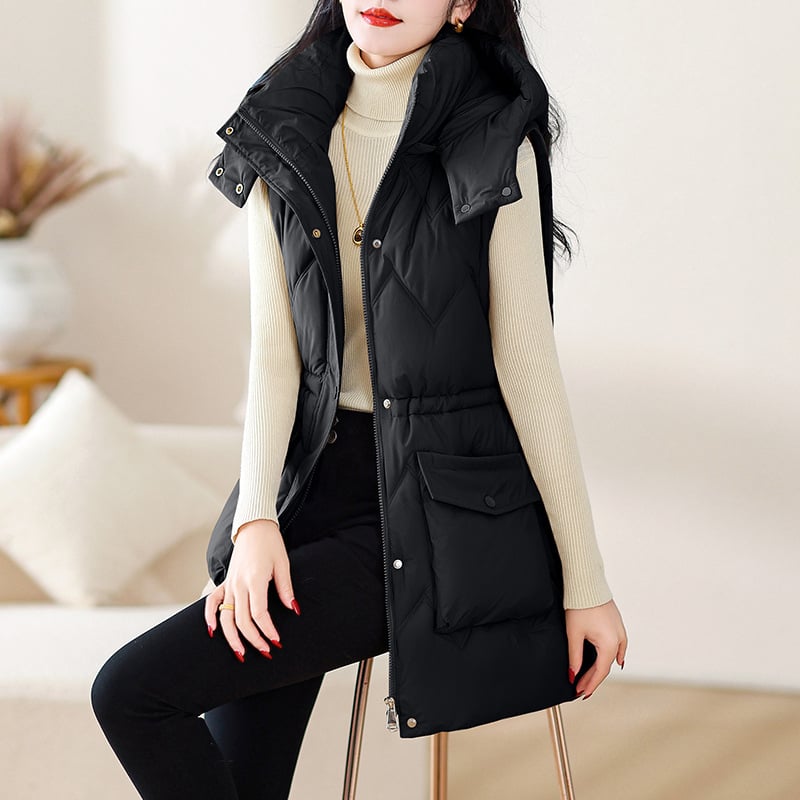 Γυναικείο γιλέκο με κουκούλα, γέμισμα από πούπουλα-βαμβάκι, με φερμουάρ, μεσαίου μήκους, ύφασμα πολυεστέρα με ελαστάν