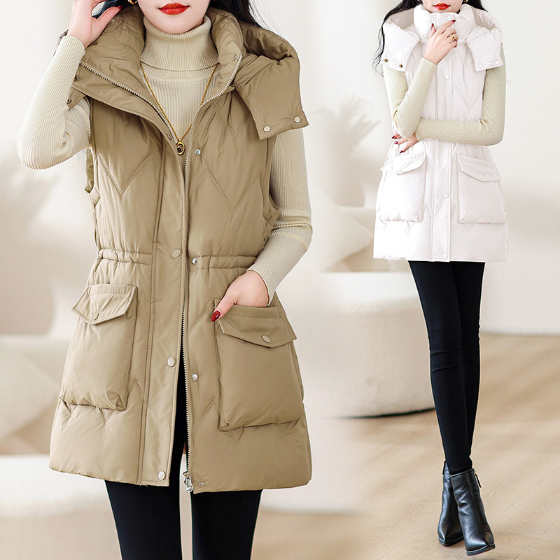 Γυναικείο γιλέκο με κουκούλα, γέμισμα από πούπουλα-βαμβάκι, με φερμουάρ, μεσαίου μήκους, ύφασμα πολυεστέρα με ελαστάν