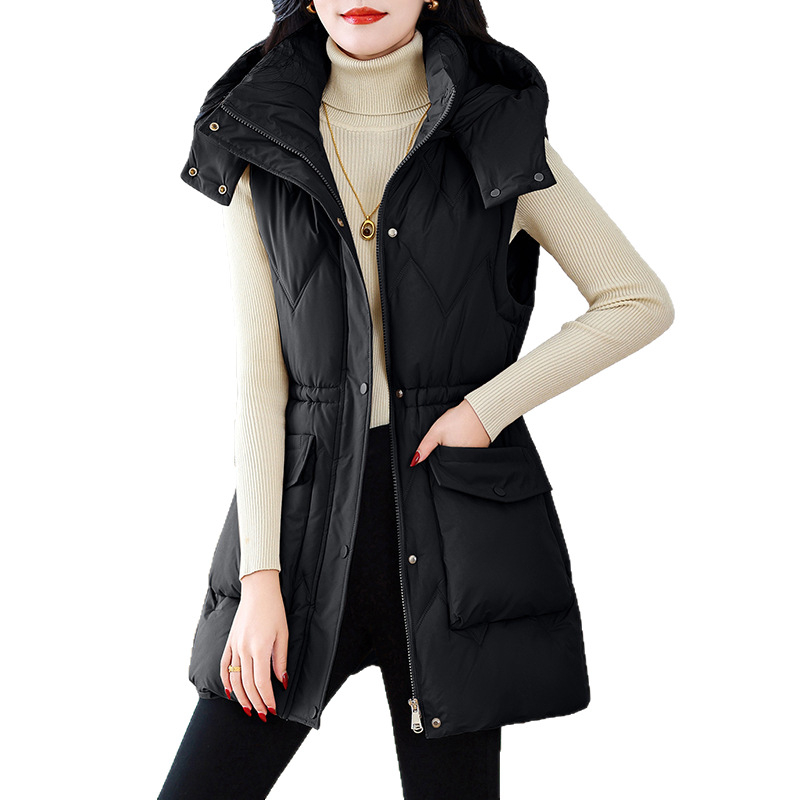 Γυναικείο γιλέκο με κουκούλα, γέμισμα από πούπουλα-βαμβάκι, με φερμουάρ, μεσαίου μήκους, ύφασμα πολυεστέρα με ελαστάν