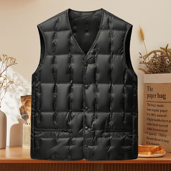 Пухена жилетка за мъже, V-образно деколте, плътна изолация, пълнеж: бял патица пух, джобове с цип