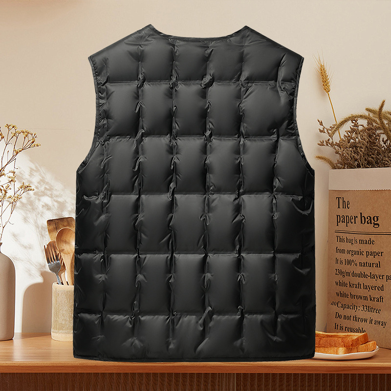 Пухена жилетка за мъже, V-образно деколте, плътна изолация, пълнеж: бял патица пух, джобове с цип