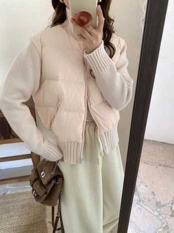 Női koreai stílusú pehelydzseki fehér kacsapuhával, 86–90% töltet, nylon anyag, karcsúsított szabás, rövid fazon