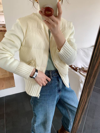 Női koreai stílusú pehelydzseki fehér kacsapuhával, 86–90% töltet, nylon anyag, karcsúsított szabás, rövid fazon