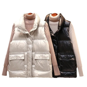 Γυναικείο γιλέκο σε κορεατικό στυλ με γυαλιστερή επιφάνεια, χωρίς μανίκια, χαλαρή γραμμή, χειμώνας 2024 (στάντ γιακά; φερμουάρ; γέμισμα από пух-βαμβάκι; ύφασμα πολυεστέρα)