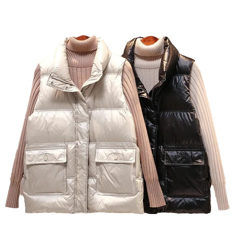 Γυναικείο γιλέκο σε κορεατικό στυλ με γυαλιστερή επιφάνεια, χωρίς μανίκια, χαλαρή γραμμή, χειμώνας 2024 (στάντ γιακά; φερμουάρ; γέμισμα από пух-βαμβάκι; ύφασμα πολυεστέρα)