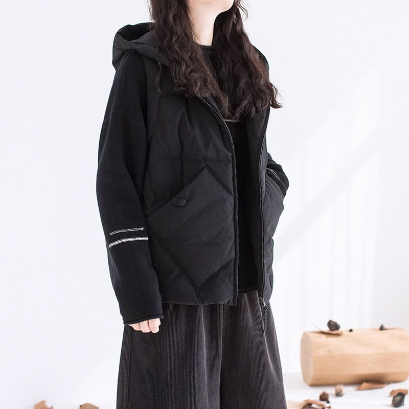 Γυναικείο πουπουλένιο γιλέκο με κουκούλα, μεγάλες τσέπες, βαμβακερό εξωτερικό, στενή γραμμή