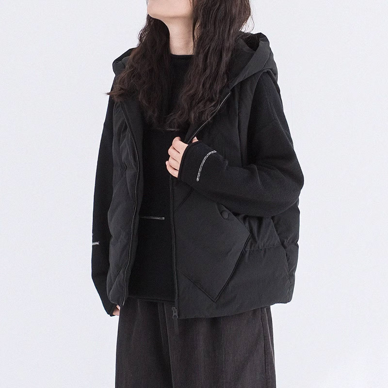 Γυναικείο πουπουλένιο γιλέκο με κουκούλα, μεγάλες τσέπες, βαμβακερό εξωτερικό, στενή γραμμή