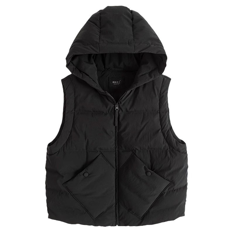 Γυναικείο πουπουλένιο γιλέκο με κουκούλα, μεγάλες τσέπες, βαμβακερό εξωτερικό, στενή γραμμή