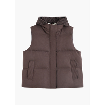 Vestă de damă cu glugă, fără mâneci, din lână, umplutură puf de rață 86–90%, lungime regulată 50–65 cm, iarnă 2025, stil urban elegant