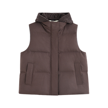 Vestă de damă cu glugă, fără mâneci, din lână, umplutură puf de rață 86–90%, lungime regulată 50–65 cm, iarnă 2025, stil urban elegant